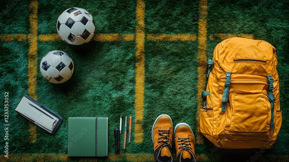 Poster minimalistic interpretation of a soccer field from above featuring lush green and yellow patterns a 