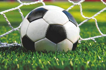 Fototapeta premium A close-up of a soccer ball resting in the net on a grassy field, symbolizing a goal in the game of soccer.