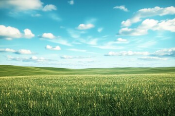 Sunny day, green rolling hills, wheat field, blue sky, pastoral landscape, nature background, idyllic scene, tranquil view, for travel and nature website