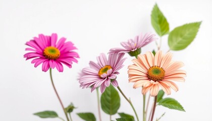Fototapeta premium Close-up of a bouquet of colorful gerbera daisies in shades of pink, peach, and lavender, set against a plain white background