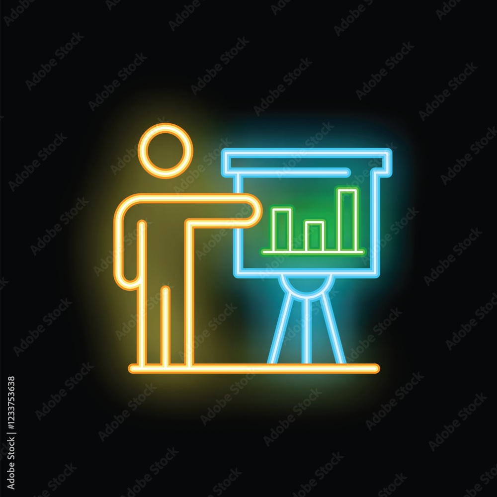 Poster neon icon of a businessman pointing at a flipchart with a growing graph