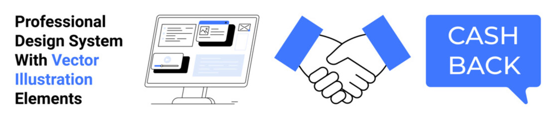 Digital screen showcasing design tools, handshake symbolizing partnership, and speech bubble with cashback text. Ideal for business deals, collaboration, e-commerce, UI design, partnerships