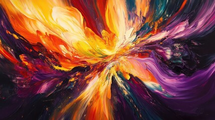 Obraz premium A dynamic abstract explosion of oil paint, showcasing vibrant colors and shapes against a dark, motion-filled background.