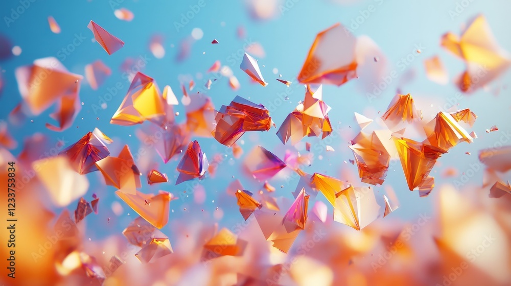 Poster abstract 3d rendering of floating metallic shards. chaotic structure with glossy surfaces., generati