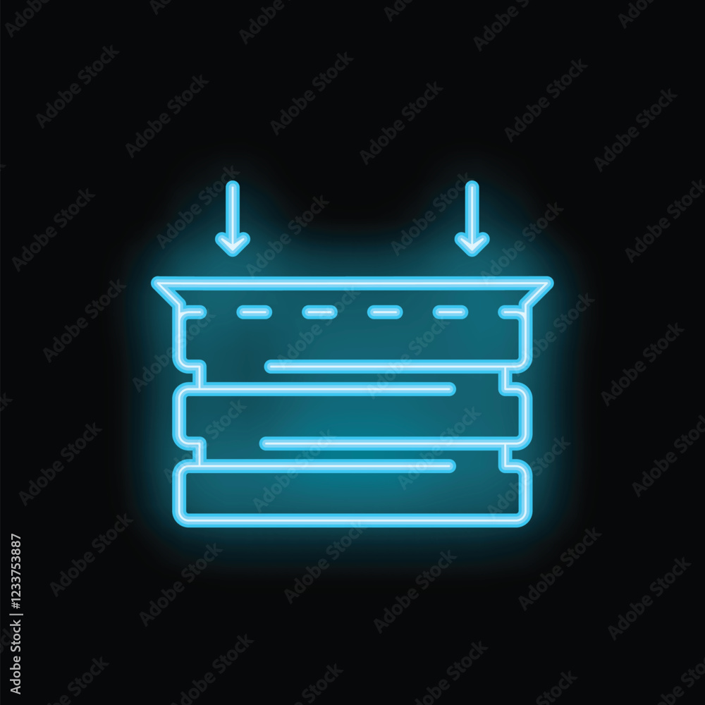 Poster brightly glowing blue neon database storage icon with two arrows pointing down on a black background
