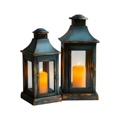 Rustic Lanterns with Distressed Metal Finishes and Lit Candles Isolated on Transparent Background