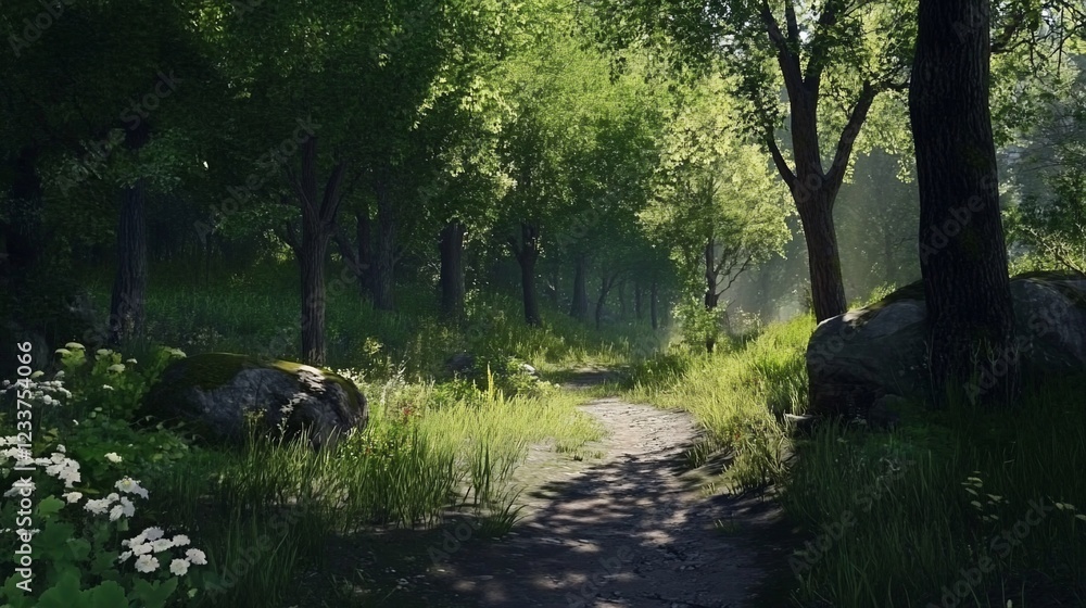 Poster sunlight filters through a lush green forest path creating dappled shadows
