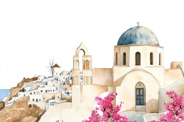 Obraz premium Santorini island in Greece architecture illustration watercolor.