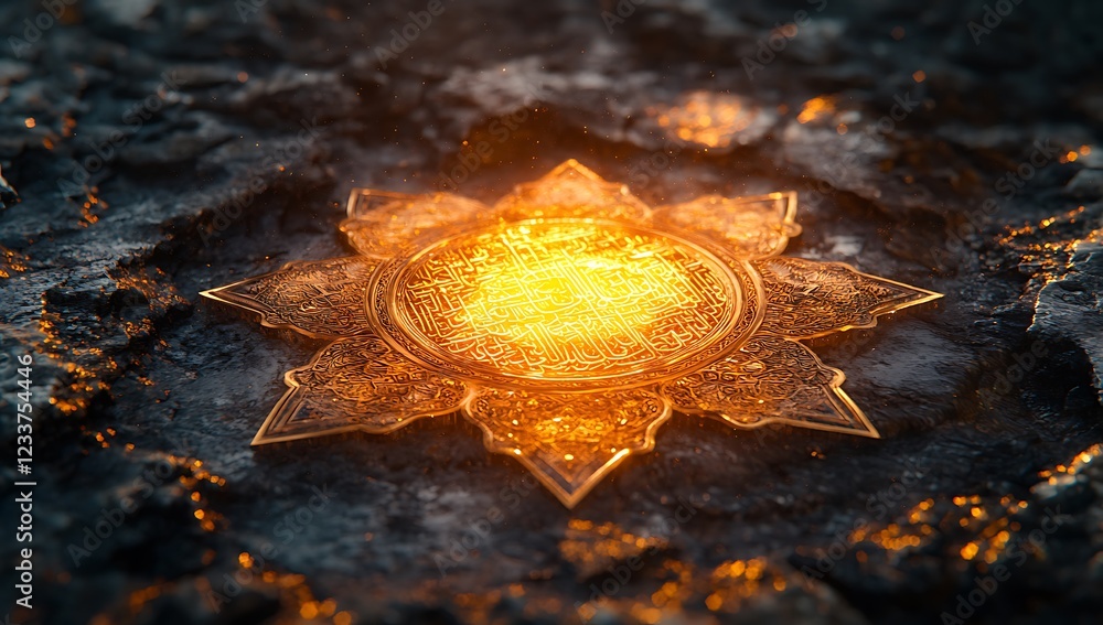 Poster illuminated intricate snowflake on a dark surface, glowing with golden light