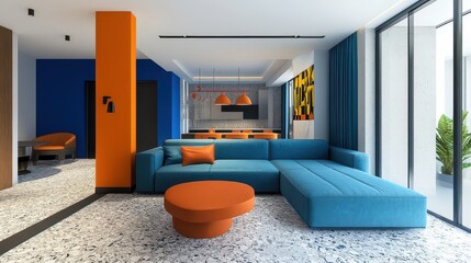 A dynamic pop art interior featuring vibrant blue and orange accents, creating a bold and...