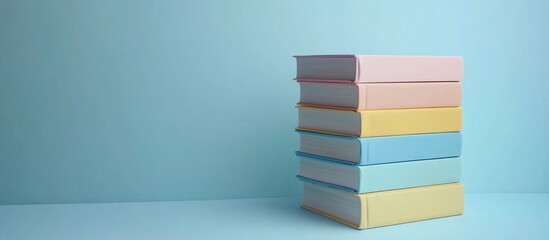Stack of colorful books on a soft blue background, ideal for educational or decorative use