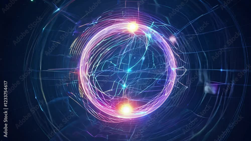 Poster a 360 video reveals a spherical neural network, its layers illuminated with shifting color gradients