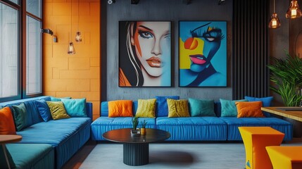 A dynamic pop art interior featuring vibrant blue and orange accents, creating a bold and expressive vintage retro home concept.