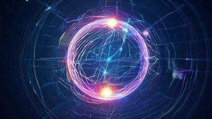 A 360 video reveals a spherical neural network, its layers illuminated with shifting color gradients, particles of light orbit the structure, accentuating its three-dimensional form