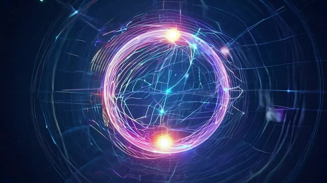 A 360 video reveals a spherical neural network, its layers illuminated with shifting color gradients, particles of light orbit the structure, accentuating its three-dimensional form