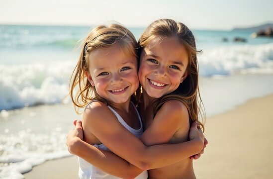 Siblings hugging at the beach on a sunny day on vacation. Cute smiling siblings hugging on beach