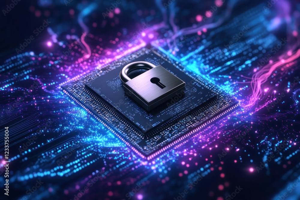 Poster digital padlock on microchip amidst glowing data streams