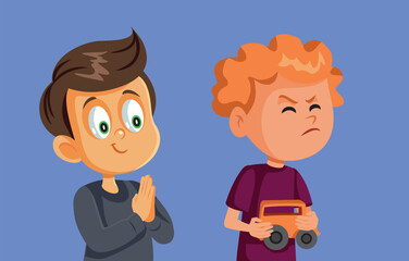 Fototapeta premium Selfish Kid Does Not Share Toy Vector Cartoon Illustration. Mean child possessive with toys not sociable with friends