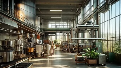 Modern industrial coffee roasting facility with bright natural light and green plants