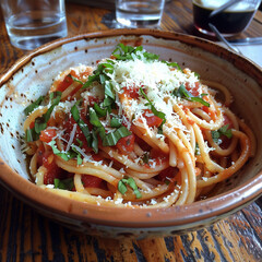 A bowl of spaghetti with rich tomato sauce, grated Parmesan, and fresh basil, served in a rustic ceramic bowl, warm and inviting