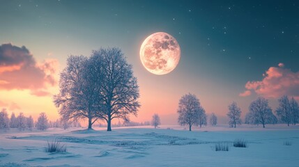 A fantasy winter night landscape featuring fluffy, twisted trees beneath a large, glowing moon.
