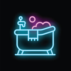Neon sign showing a bathtub with bubbles and a towel, perfect for spa and relaxation concepts