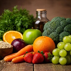 Assortment of fresh fruits, vegetables, and grains promoting healthy eating habits