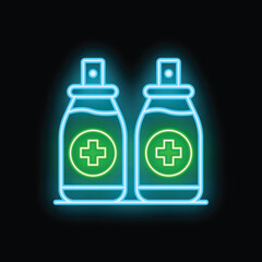 Glowing neon line medical bottles with cross sign icon isolated on black background. Colorful outline concept. Vector illustration