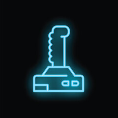 Blue neon sign depicting a retro video game joystick glowing against a black background