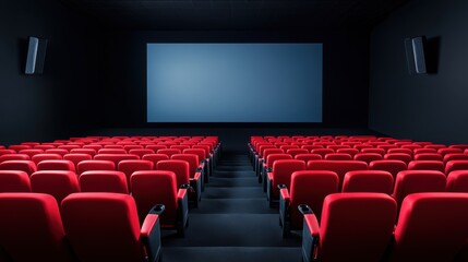 Fototapeta premium Modern Movie Theater Interiors with Empty Red Seats and Large Screen Ready for Film Screening Experience