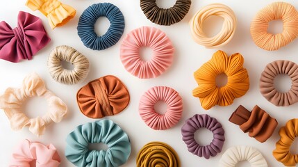 Assorted Scrunchies in Various Colors and Textures on White Background
