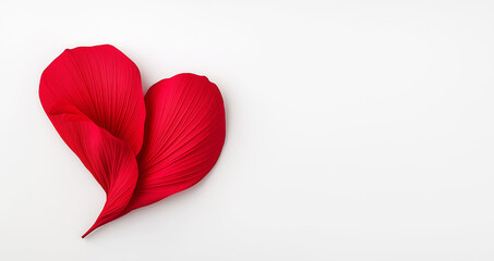 Romantic heart shape created with red petals on plain white background, space for text. Valentine's Day banner