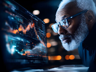Senior man with glasses analyzing futuristic financial data on a high-tech digital screen