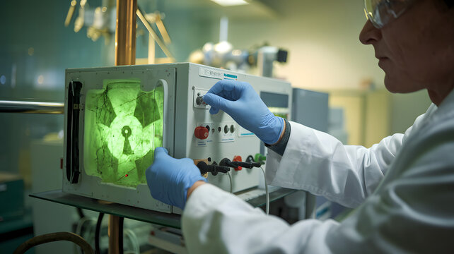 Scientist in protective gear operating advanced radiation equipment, showcasing dedication to scientific research and safety protocols.
