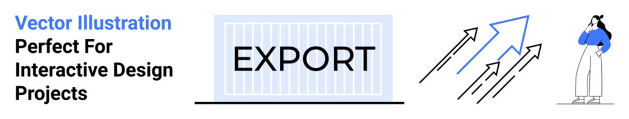 Export container beside upward arrows symbolizing growth and a thoughtful character. Ideal for business, trade, logistics, global markets, strategy, innovation, and flat landing page banner