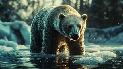 Majestic Polar Bear on Rocky Terrain by Icy Waters, Surrounded by Snow-Capped Mountains