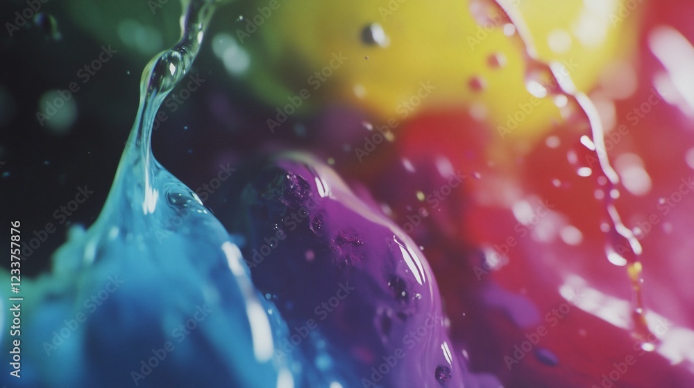 Poster a vibrant close-up of liquid paint splashing and swirling in a colorful abstract pattern