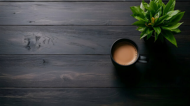 Coffee cup on wood desk, plant nearby;  workplace background, perfect for blog posts