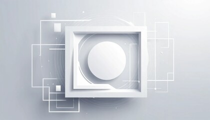 Modern abstract background features a sophisticated interplay of geometric shapes, including squares and circles, in a light gray and white color palette