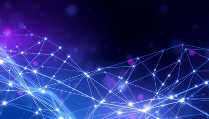 A dynamic and futuristic graphic design showing a network of interconnected points and lines in varying shades of blue and purple