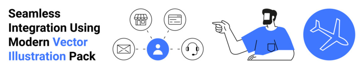 Man pointing to user-centric icons for digital communication, e-commerce, support, and aviation. Ideal for workflows, customer support, technology, e-commerce, connectivity service management flat