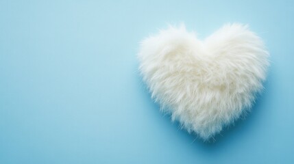 A fluffy white fur heart shape with a soft texture on a baby blue minimal background.