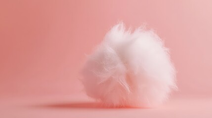A fluffy white cotton ball sits against a minimal peach fuzz color background.