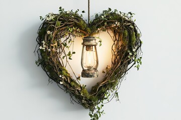 Heart-Shaped Vine Wreath with Edison Bulb Lantern