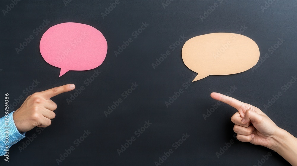 Poster two hands pointing towards speech bubbles on a black background symbolizing communication and dialog