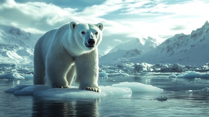 Majestic Polar Bear on Rocky Terrain by Icy Waters, Surrounded by Snow-Capped Mountains