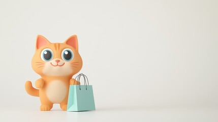 A funny, smiling ginger cat cartoon character with big eyes in 3D design style, standing with a paper shopping bag against a white background.