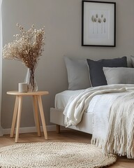 White bed with gray pillows and beige linens in a minimalist bedroom, a side table with a vase of dried flowers on the left. Scandinavian interior design style. Background mock-up for product 