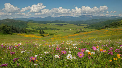 Fototapeta premium Wildflower meadow, mountain vista, summer day, scenic landscape, travel poster