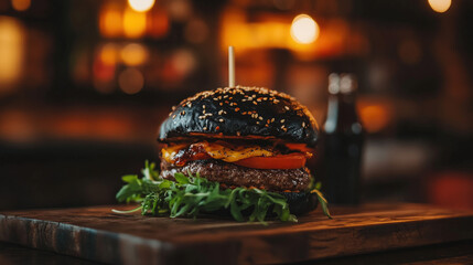 Black Bun Burger with Bacon and Cheese in a Dimly Lit Pub